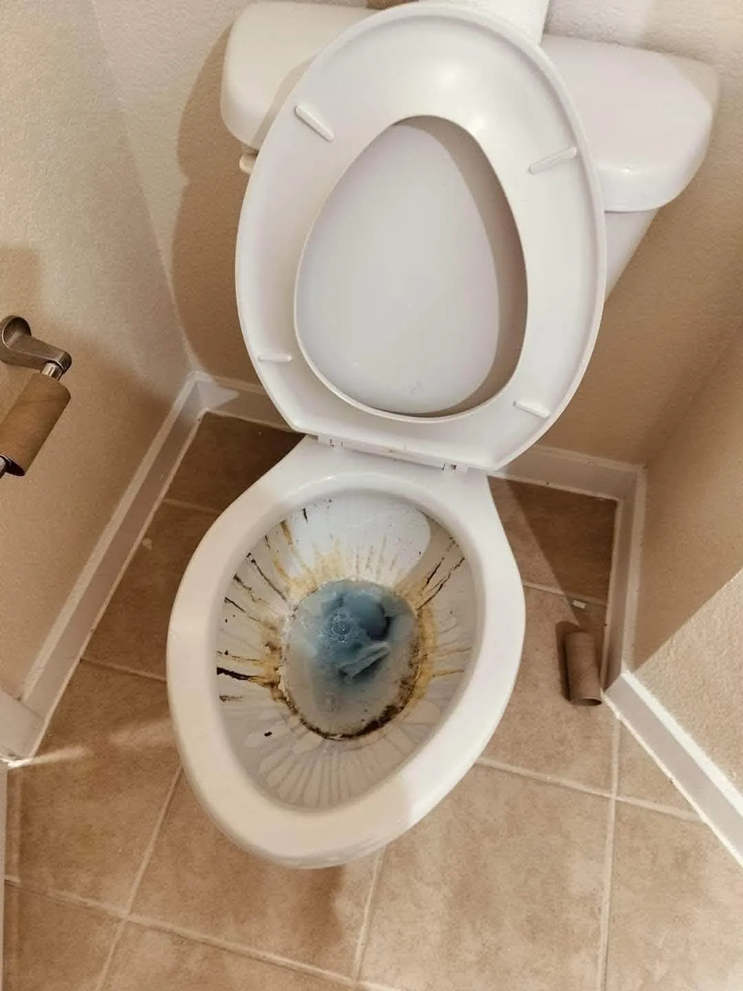Toilet bowl before cleaning with heavy brown stains